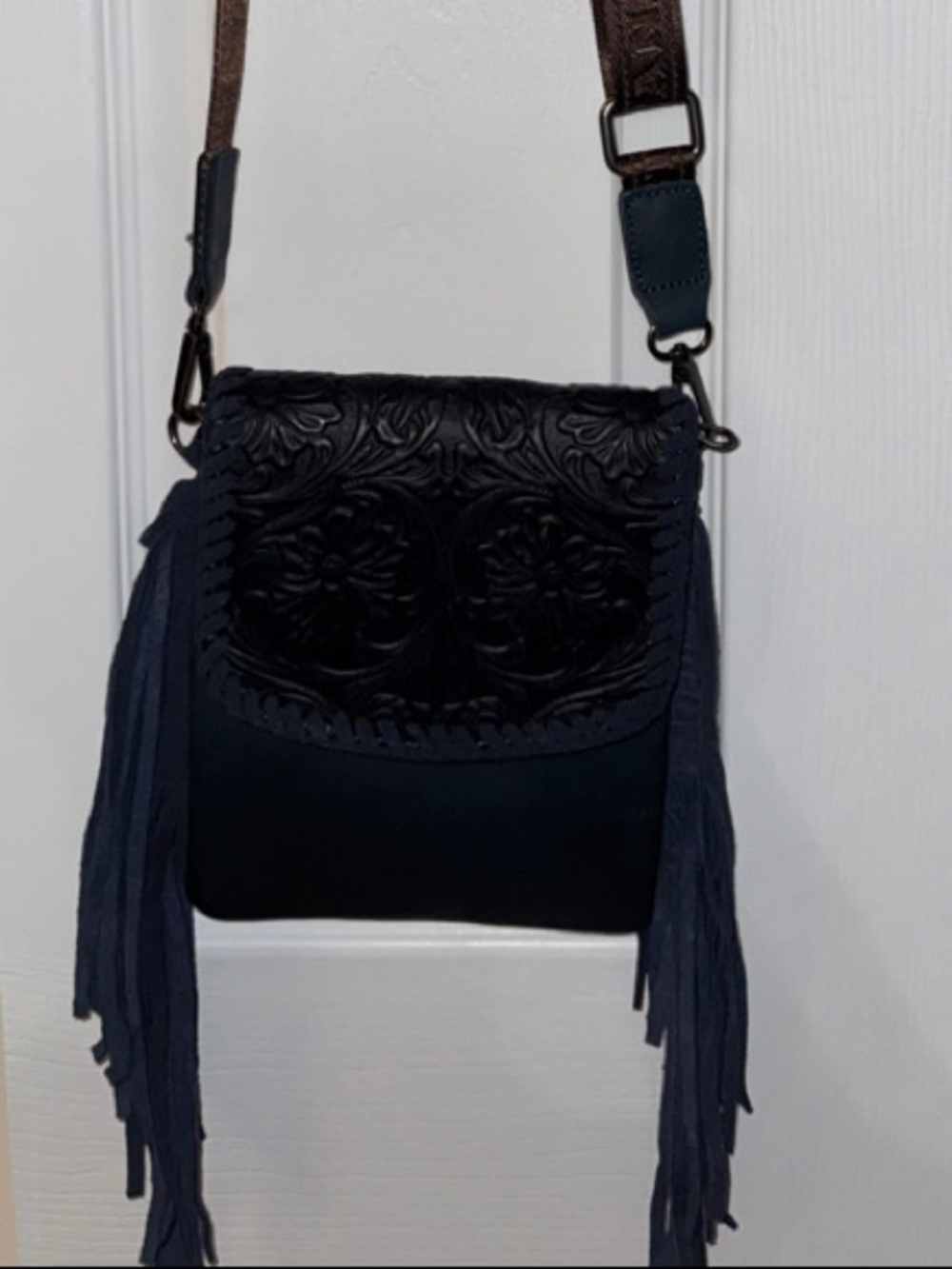 Montana West Fringed Embossed Crossbody Bag in Dark Blue